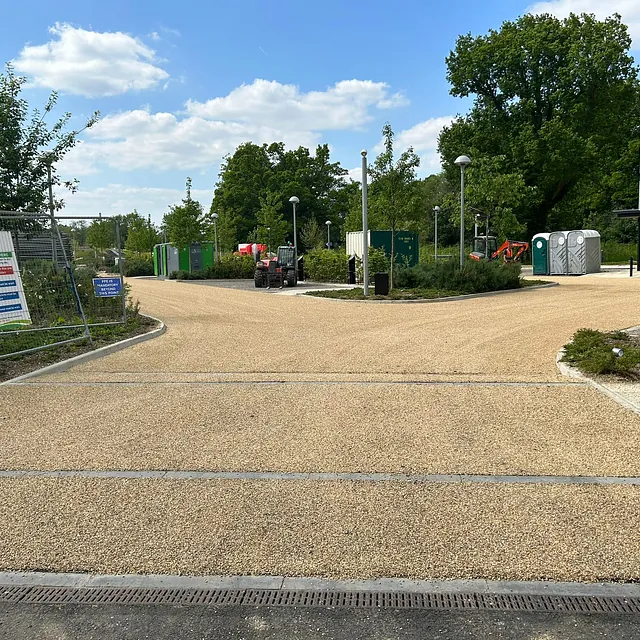 Car park resurfacing using hot bitumen and golden gravel